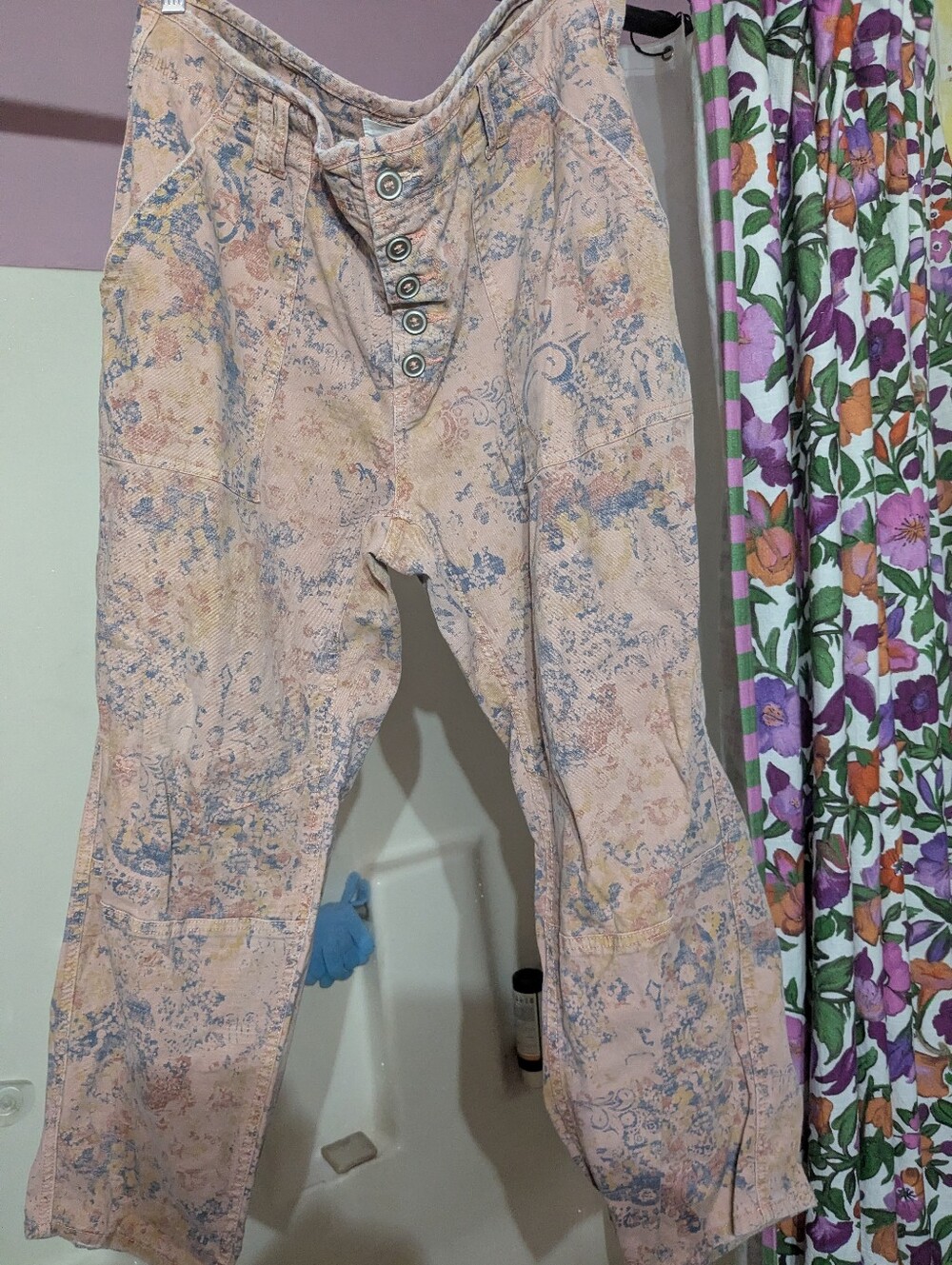 Anthropologie Peach-Pink Floral Button-Front Wide Leg Pants